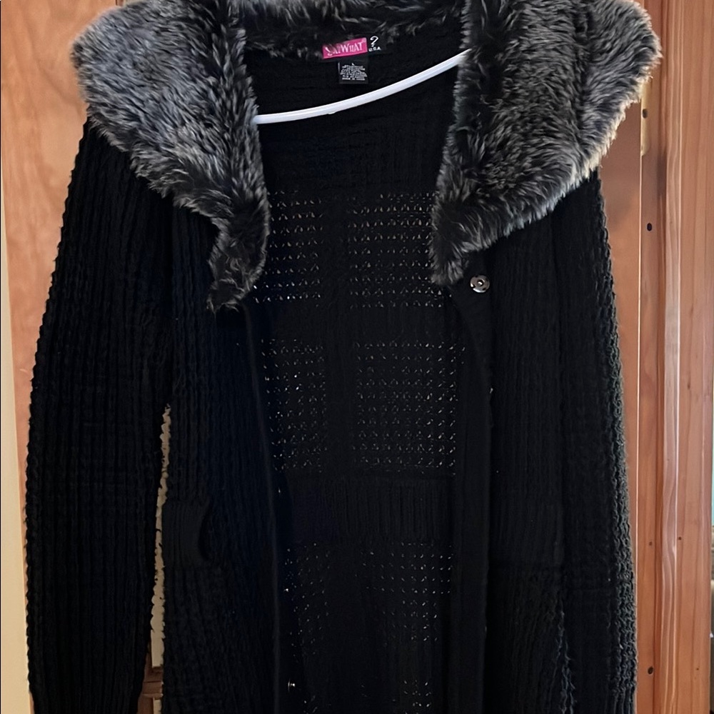 Black Knit Cardigan with Faux Fur Collar